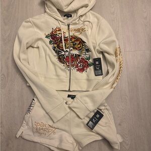 Ed Hardy Beige Hoodie and Shorts with Tiger and Floral Art